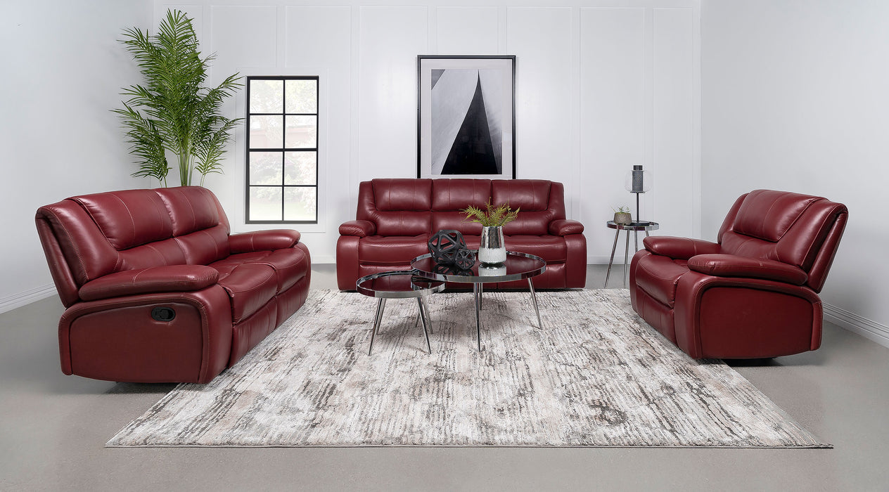 Camila Upholstered Reclining Sofa Set Red Faux Leather - Venta Furnishings (San Antonio,TX)