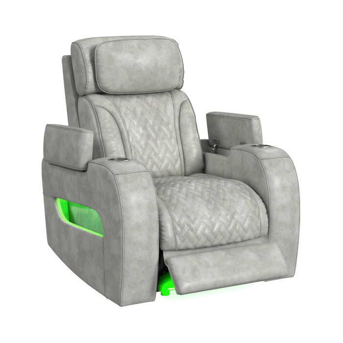 Prime Time P3 Recliner with 7 Colors LED, Cup Holders and Wireless Charger Controller in Leather Gel Light Grey