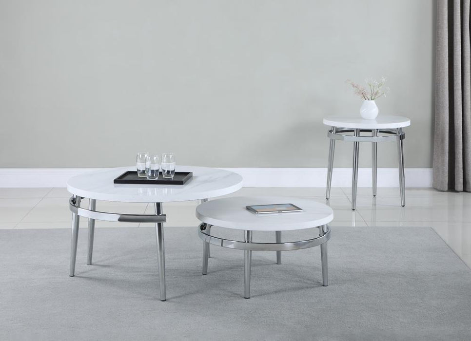 Avilla Round End Table White and Chrome - Venta Furnishings (San Antonio,TX)