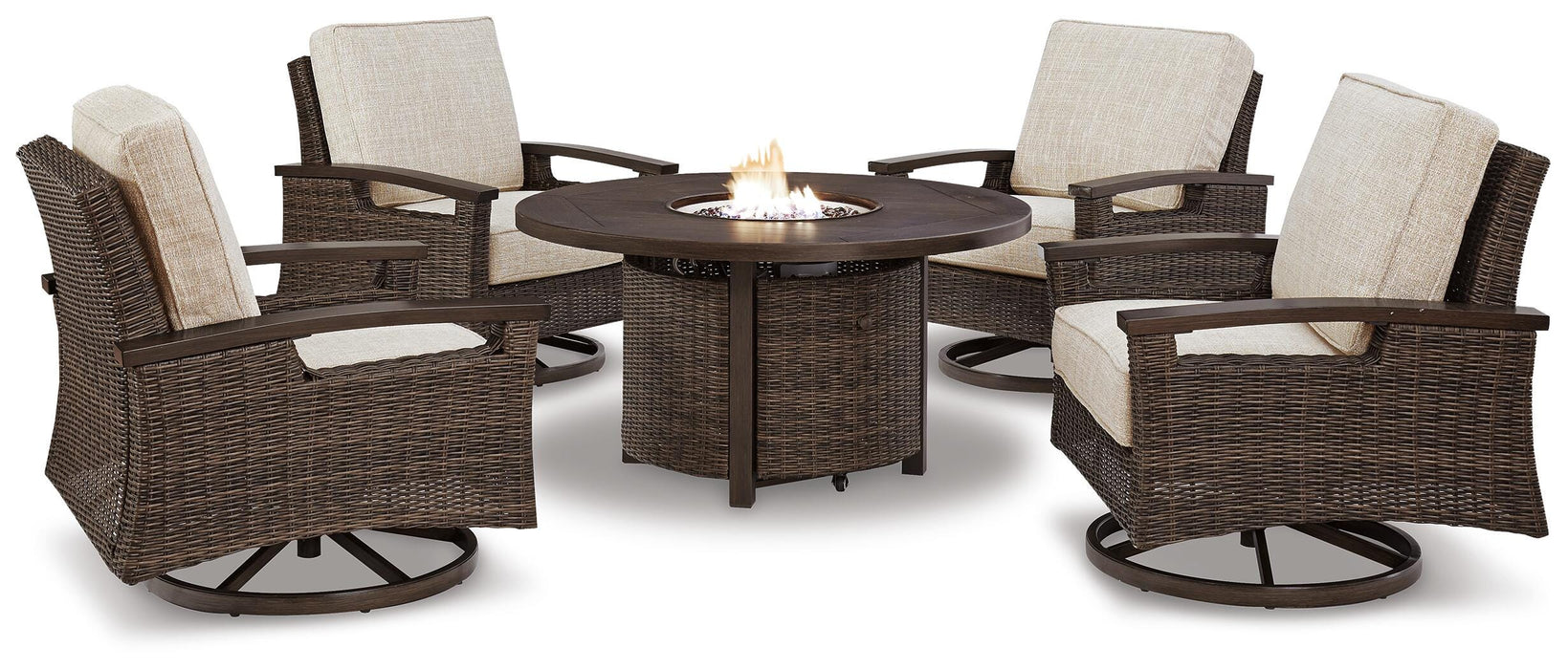 Paradise Trail Paradise Trail Fire Pit Table with 4 Nuvella Swivel Lounge Chairs - Venta Furnishings (San Antonio,TX)