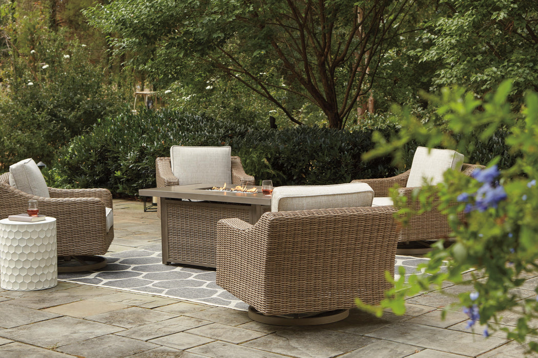 Beachcroft Beachcroft Fire Pit Table with Four Nuvella Swivel Lounge Chairs - Venta Furnishings (San Antonio,TX)