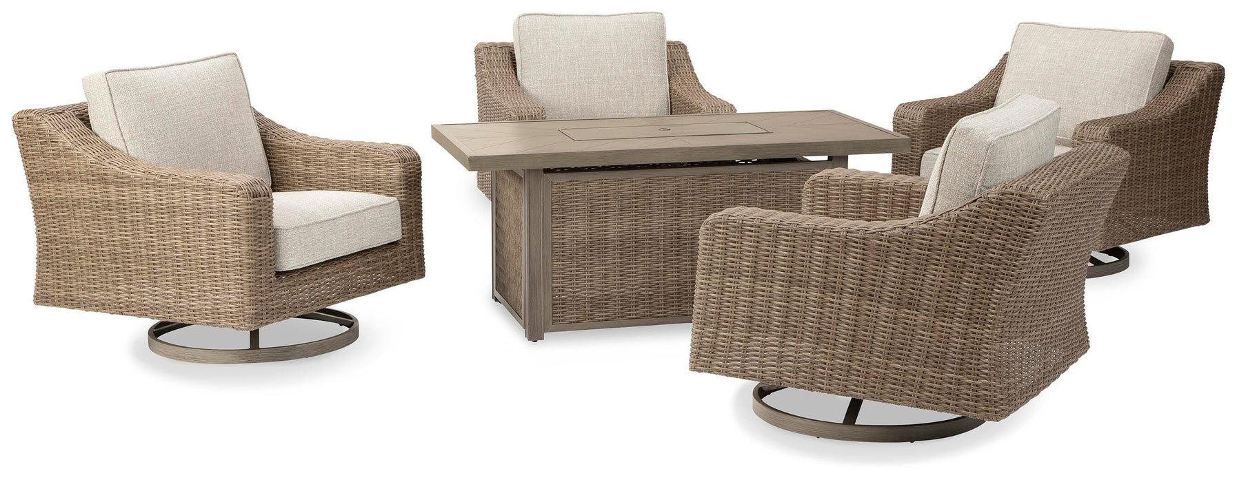 Beachcroft Beachcroft Fire Pit Table with Four Nuvella Swivel Lounge Chairs - Venta Furnishings (San Antonio,TX)