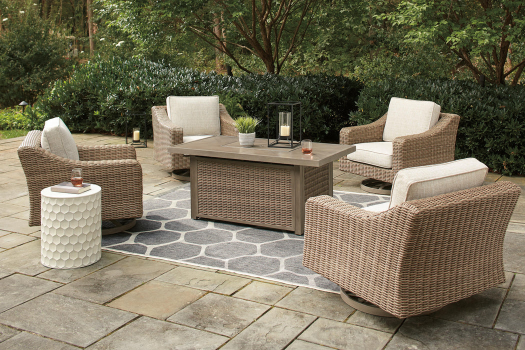 Beachcroft Beachcroft Fire Pit Table with Four Nuvella Swivel Lounge Chairs - Venta Furnishings (San Antonio,TX)